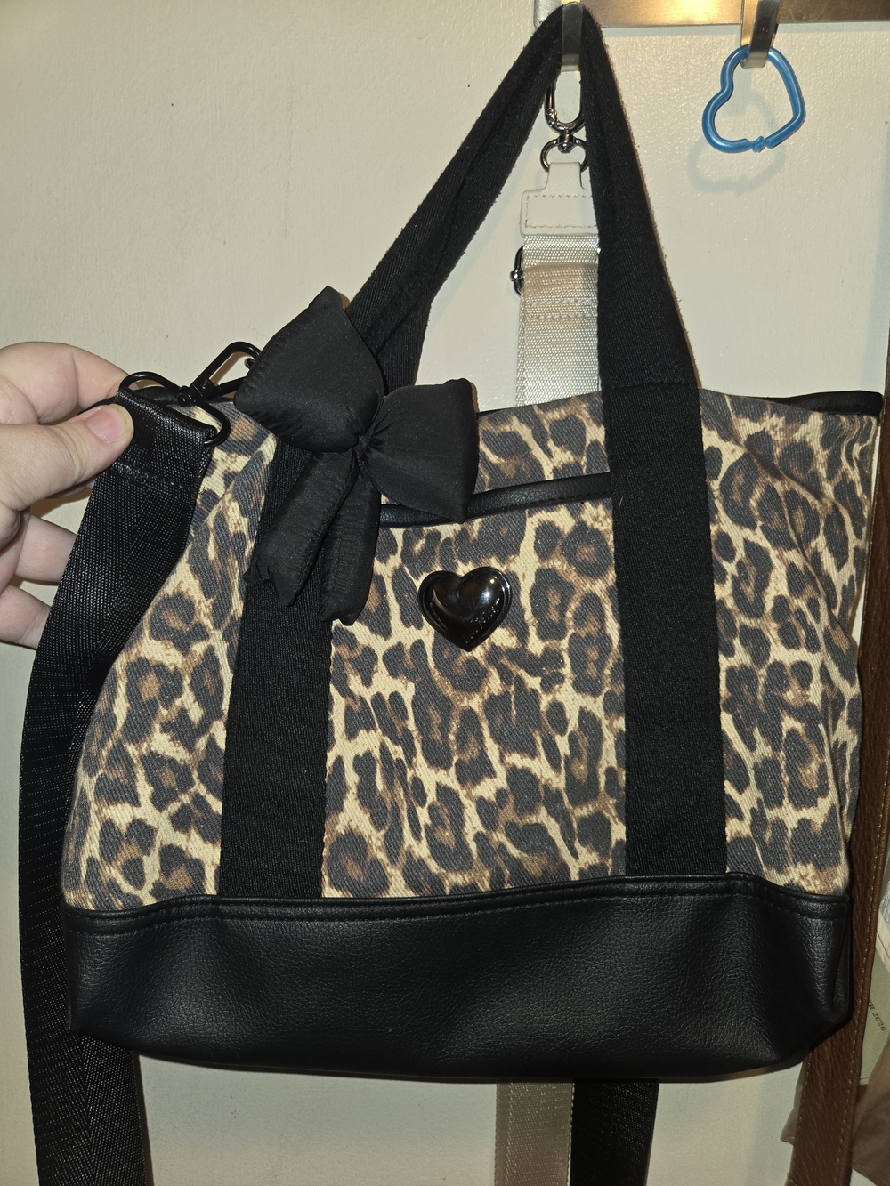 Betsey Johnson Leopard Print Crossbody Tote with Black Trim and Bow